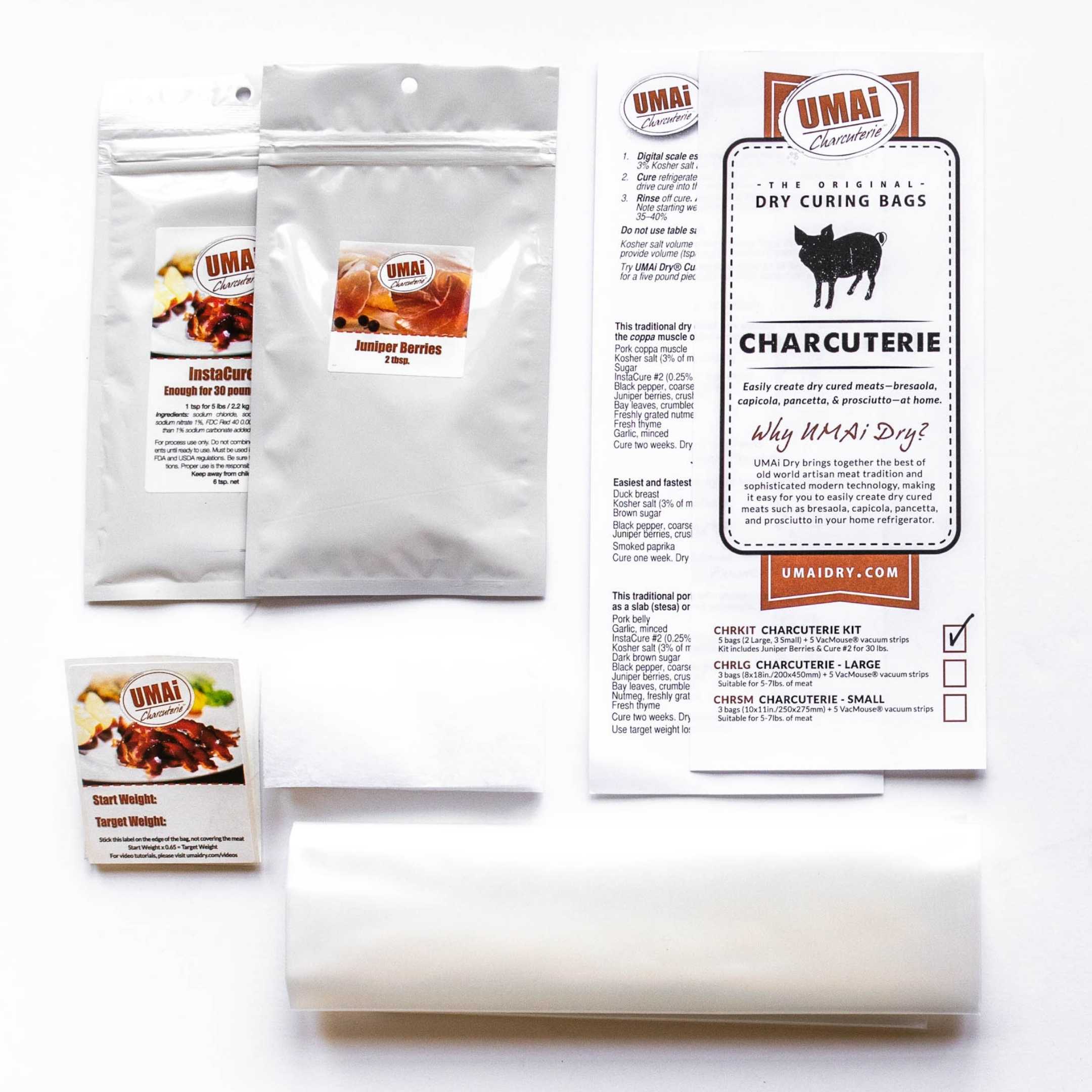 Umai Dry charcuterie kit with dry curing bags, juniper berries,
